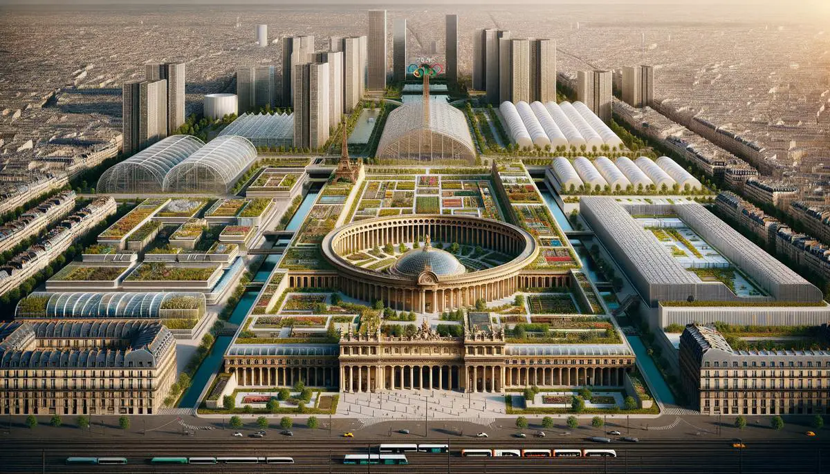 Collage aus historischen und temporären Austragungsstätten der Olympischen Spiele 2024 in Paris, mit Betonung auf Nachhaltigkeit