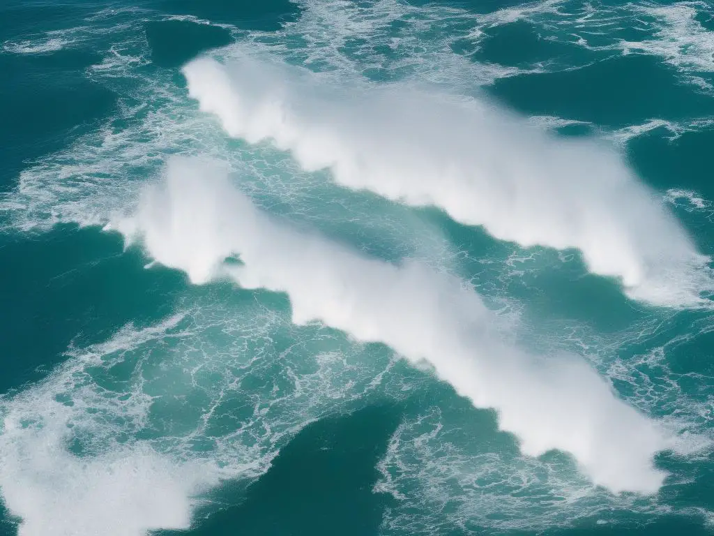 Eine große Welle aus dem Meer, die auf eine anscheinend bewaldete Küste zurast.