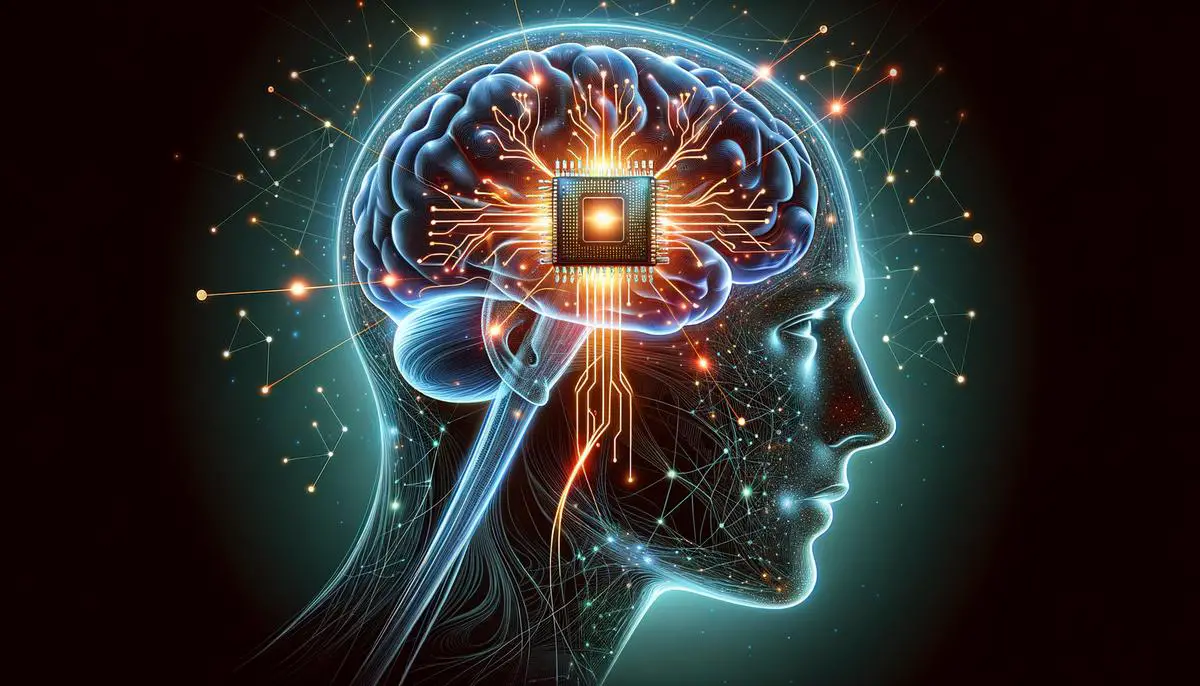 Eine künstlerische Darstellung der Gehirn-Computer-Schnittstelle von Neuralink, die winzige Chips im Gehirn implantiert, um Menschen und Maschinen zu vernetzen.