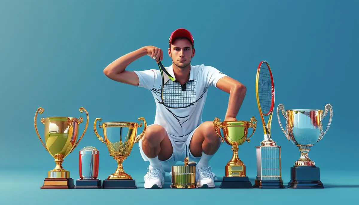 Novak Djokovic posiert mit Trophäen aller neun ATP Masters 1000 Turniere, die er mindestens einmal gewonnen hat - ein einzigartiger Erfolg.
