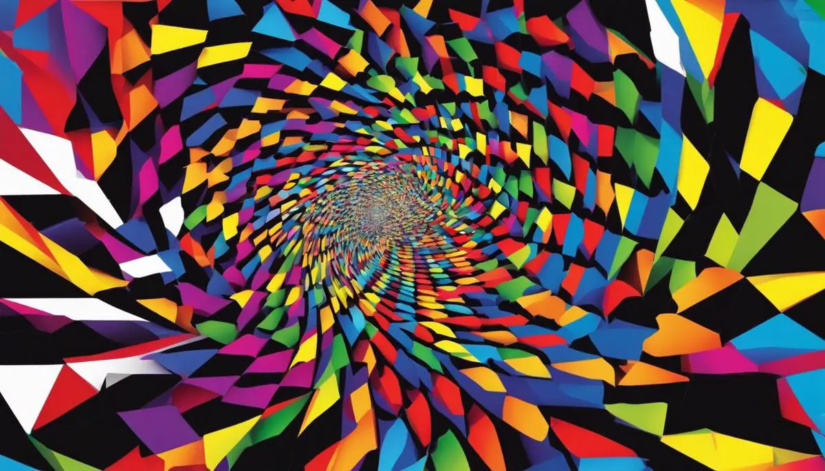 A vibrant and colorful image of various optical illusions depicting different visual phenomena.