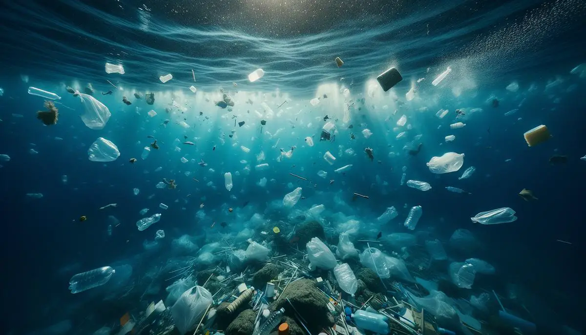 Plastikmüll, der auf den Meeresboden der Tiefsee sinkt und die dort lebenden Organismen bedroht.