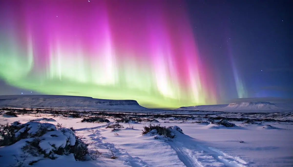 Eine schneebedeckte Landschaft mit Tundra-Vegetation und einem Polarlicht am Himmel