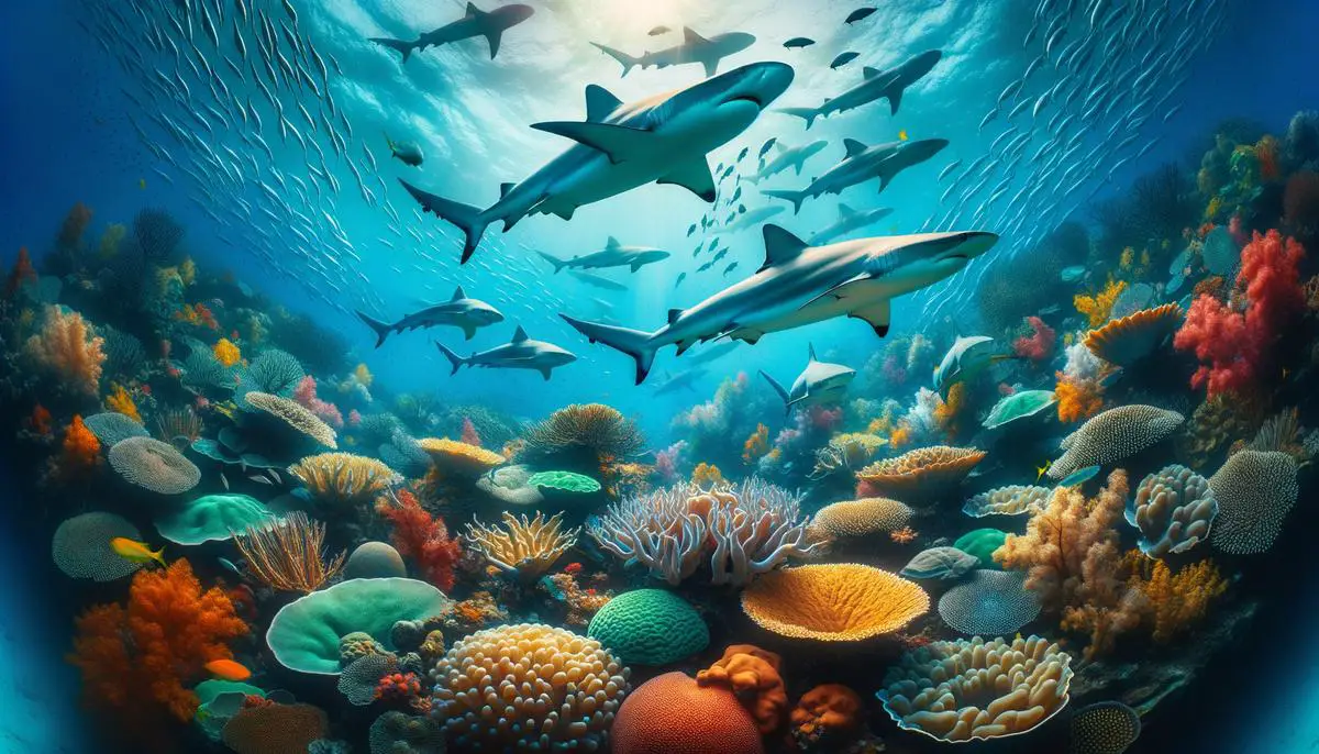 Mehrere Riffhaie schwimmen friedlich an einem bunten Korallenriff vorbei