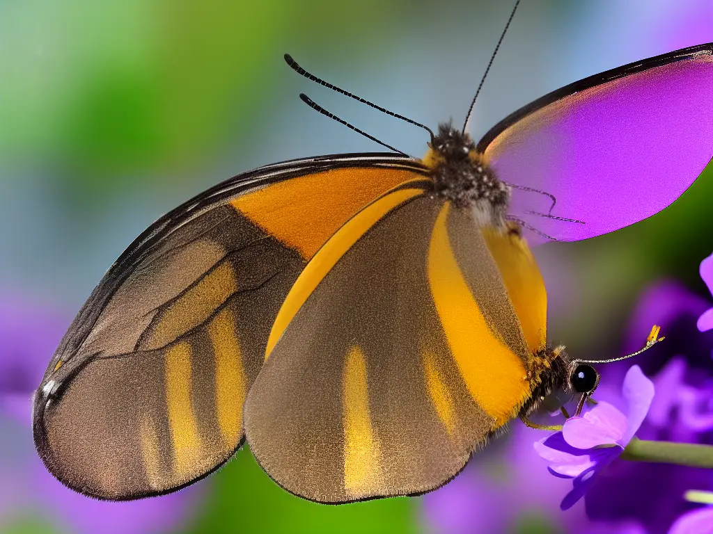 Ein Schmetterling mit ausgebreiteten Flügeln, die mit bunten Schuppen bedeckt sind.