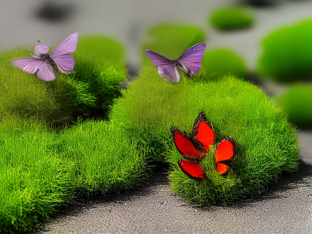 Ein Bild von Schmetterlingen mit verschiedenen Mustern und Farben auf ihren Flügeln, sitzend auf Blumen und Zweigen in einem Garten.