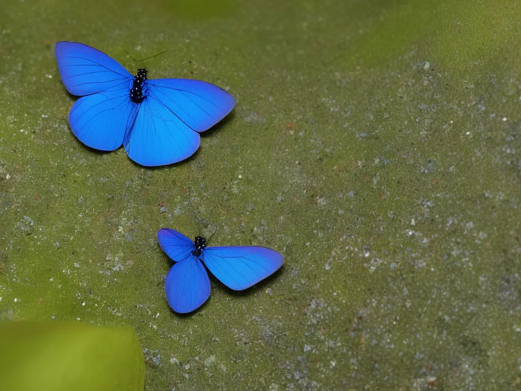 Ein Bild von einem blauen Schmetterling, der auf einer pinken Blüte sitzt.