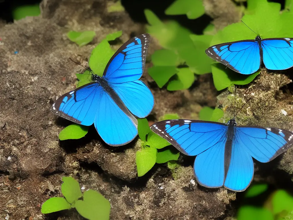 Eine Nahaufnahme von einem blauen Schmetterling mit durchsichtigen, zarten Flügeln und schwarz-weißen Streifen. Die Schmetterlingsflügel sind mit winzigen, bunten Schuppen bedeckt.