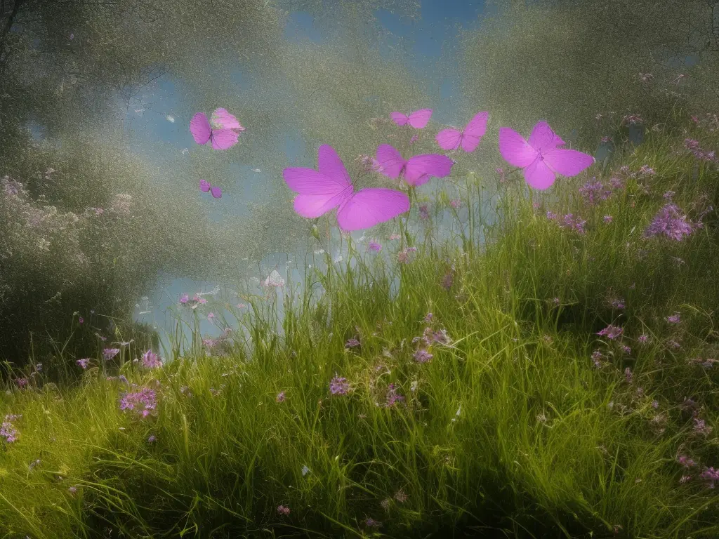 In einem Garten fliegt ein Schmetterling vor einem Strauch mit lila Blüten.