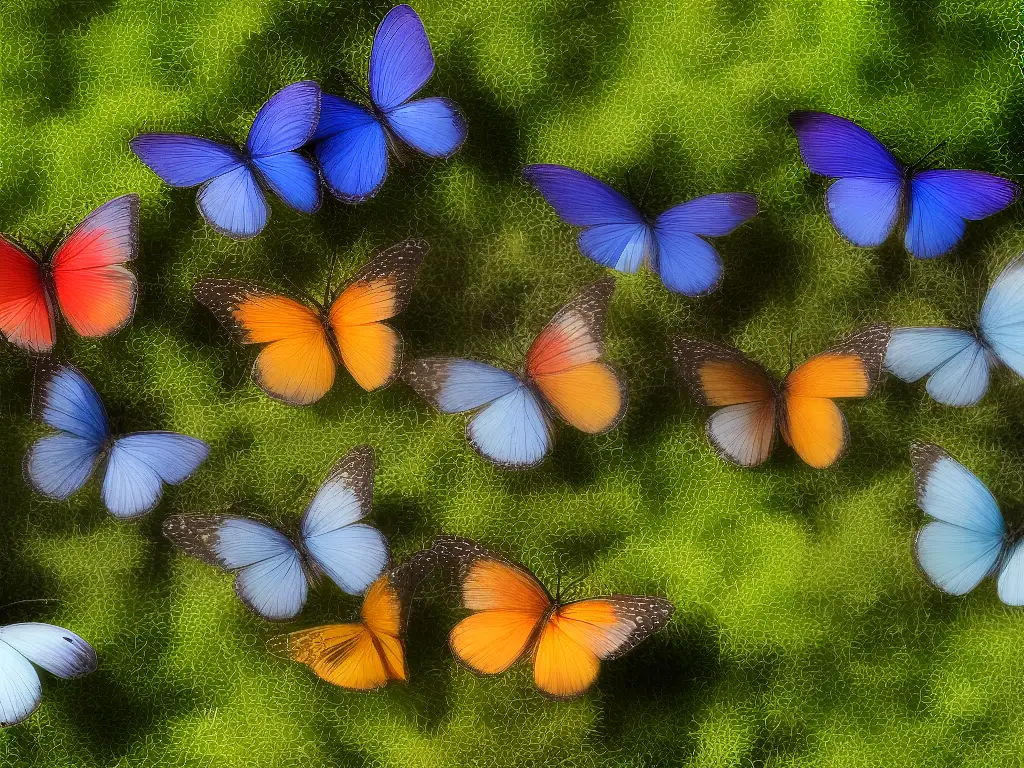 Illustration des Lebenszyklus eines Schmetterlings, von Eiern, über Raupen und Verpuppung bis hin zum adulten Schmetterling mit ausgebreiteten Flügeln