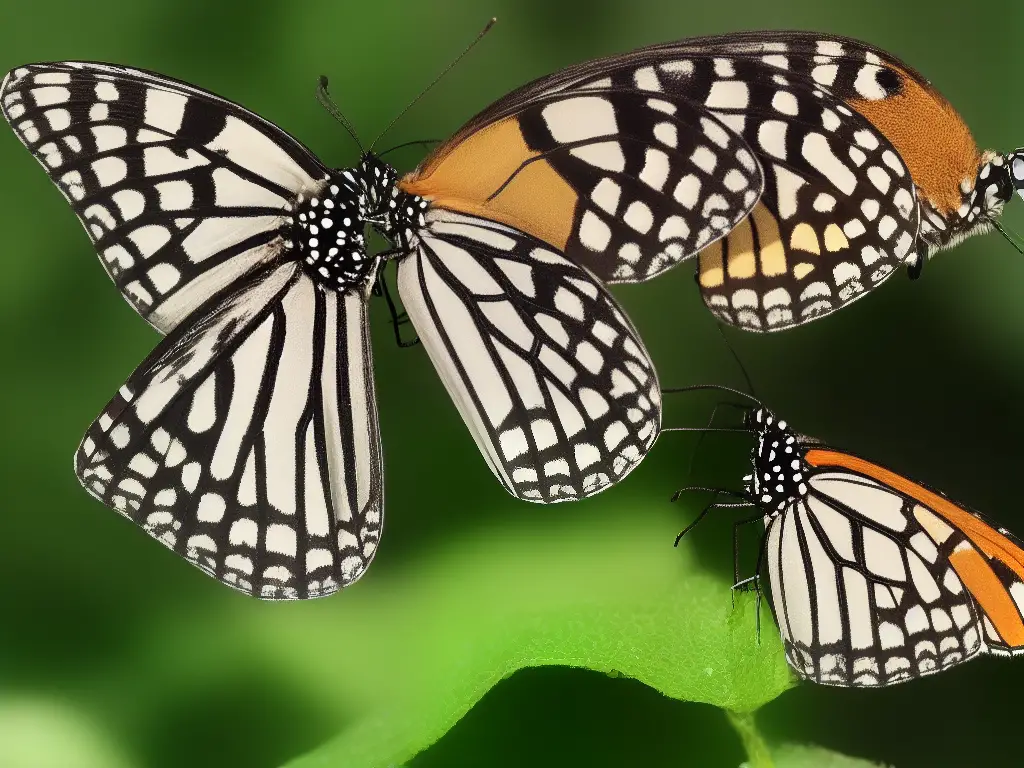 Bild eines Monarchfalters, der sich auf einer Blume abstützt, umgeben von anderen Schmetterlingen, die in einem warmen sonnigen Hintergrund fliegen.