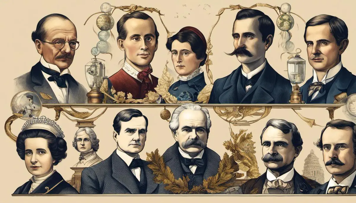 Illustration of various historical figures in science including Rosalind Franklin, Alan Turing, Caroline Herschel, and Ignaz Semmelweis.
