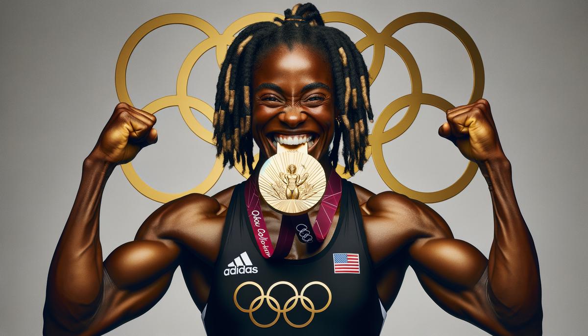 Serena Williams beißt in ihre olympische Goldmedaille und lächelt