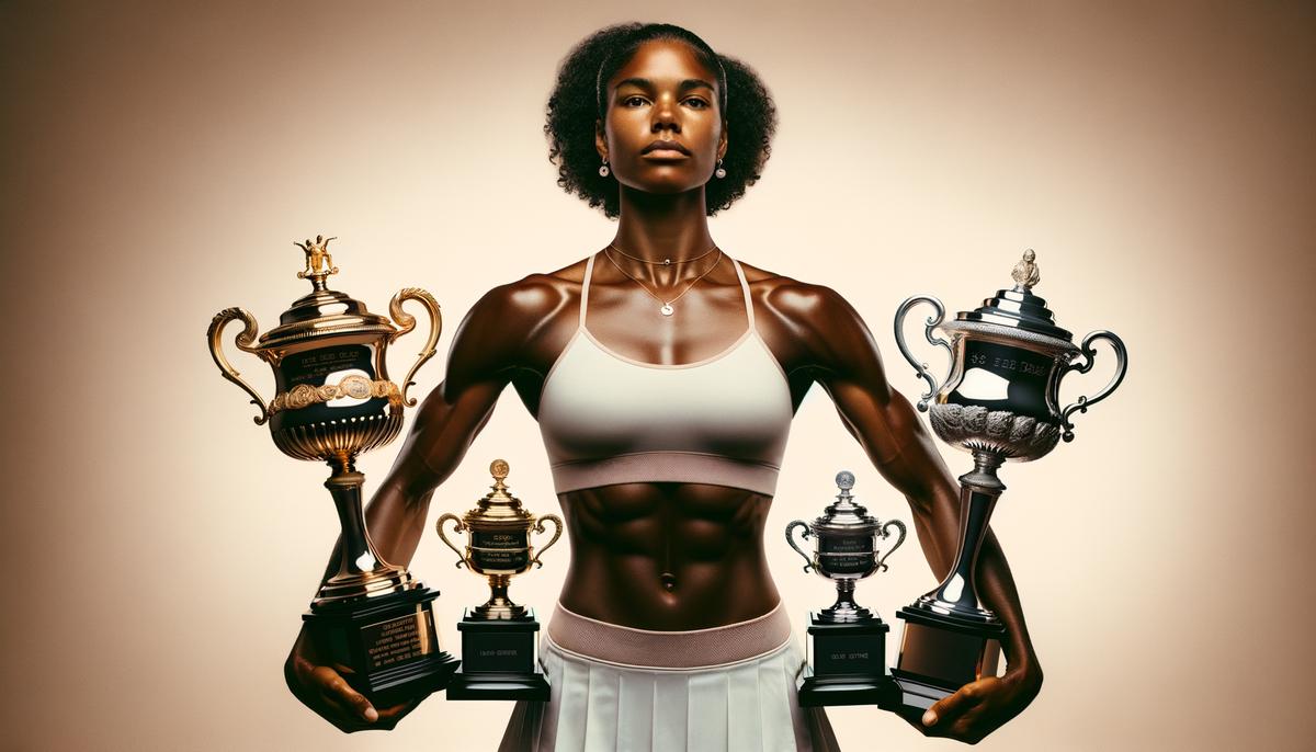 Serena Williams hält vier Grand-Slam-Trophäen und lächelt