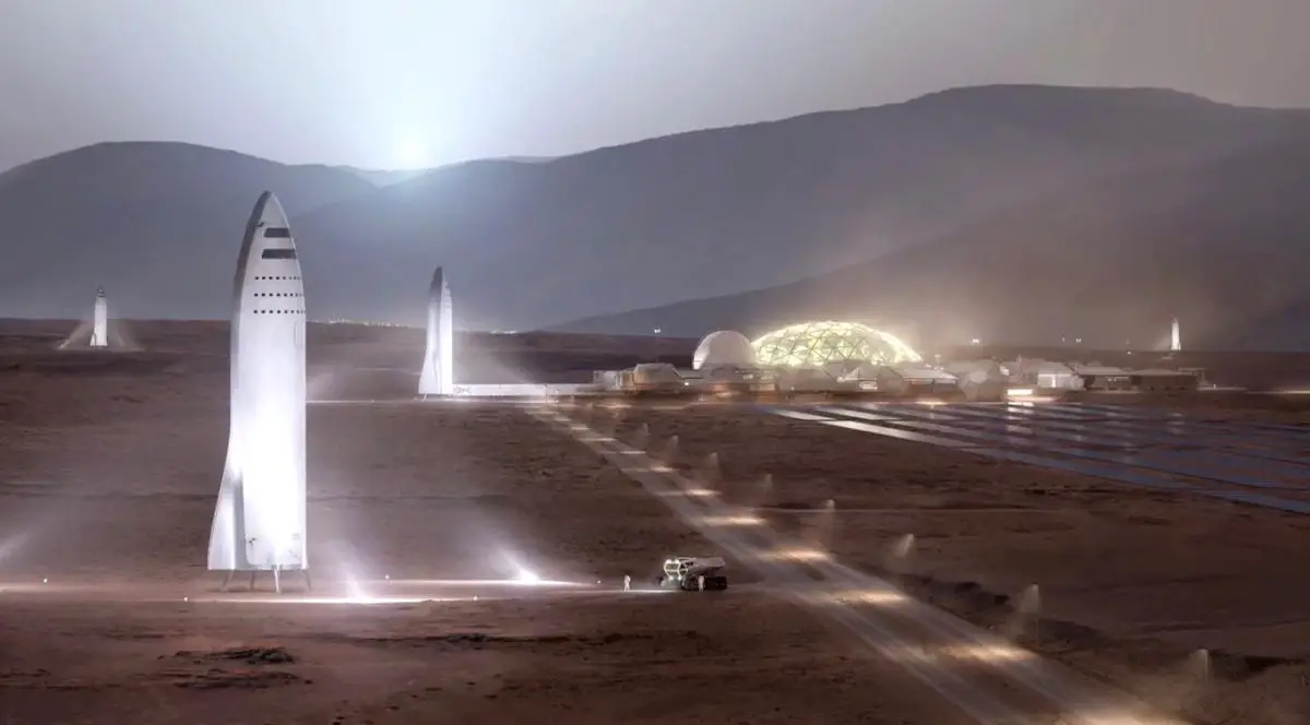 Eine Illustration des futuristischen SpaceX Starship Raumschiffs, das die Zukunft der Raumfahrt zu Mond und Mars repräsentiert.
