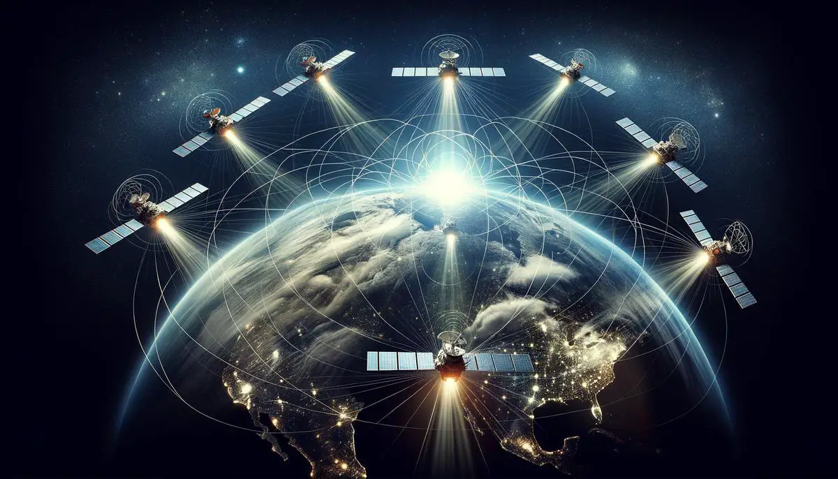 Eine künstlerische Darstellung des Starlink-Satellitennetzwerks, das globalen Internetzugang ermöglicht, insbesondere in abgelegenen und unterversorgten Gebieten.