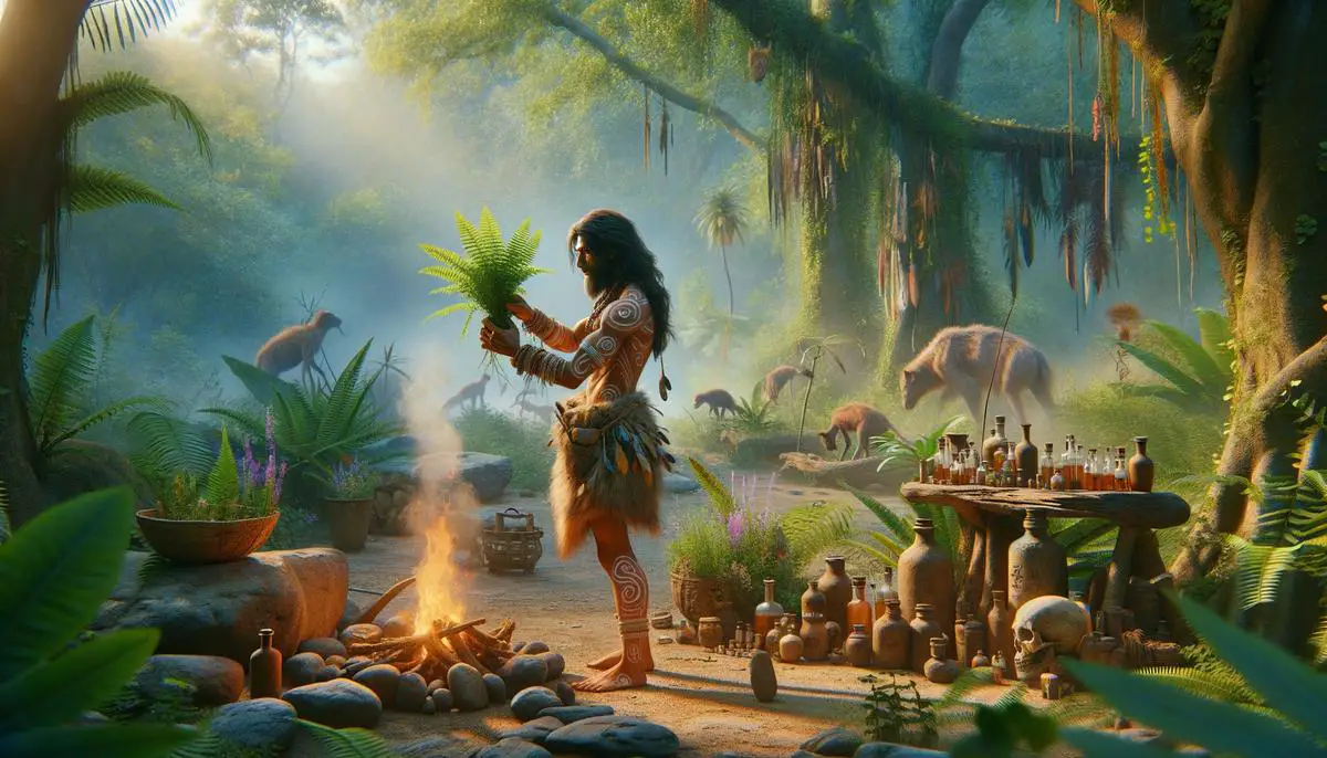 Ein realistisches Bild eines Steinzeit-Medizinmannes, der Heilpflanzen sammelt und rituelle Reinigungen durchführt
