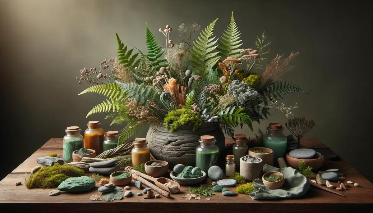 Eine realistische Darstellung einer steinzeitlichen Naturapotheke mit verschiedenen Pflanzen, Kräutern und Ton für medizinische Zwecke