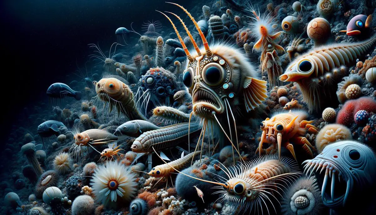 Eine Collage verschiedener Tiefseelebewesen mit ihren einzigartigen Anpassungen an die extremen Bedingungen, wie riesige Augen, Biolumineszenz und spezielle Körperstrukturen.