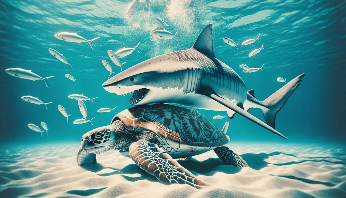 Ein Tigerhai jagt eine Meeresschildkröte in klarem, blauem Wasser