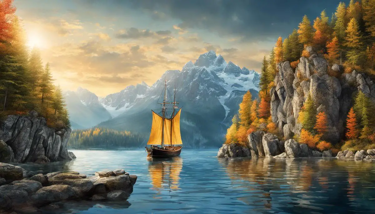 Illustration von einem Schiff in stürmischer See mit einem Wal im Hintergrund