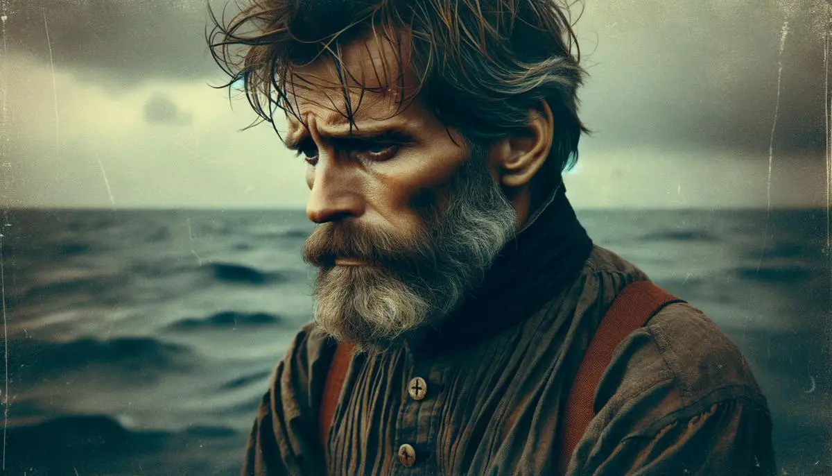 Ein bärtiger Mann mittleren Alters mit einem gequälten und traurigen Gesichtsausdruck, der auf das Meer hinausblickt