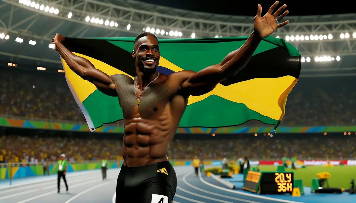 Usain Bolt taking his final Olympic victory lap at the 2016 Rio Olympics, draped in the Jamaican flag