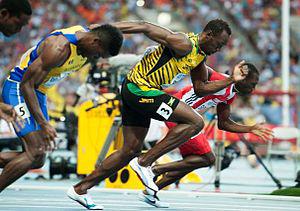 Usain Bolt winning his first Olympic gold medal in the 100m at the 2008 Beijing Olympics