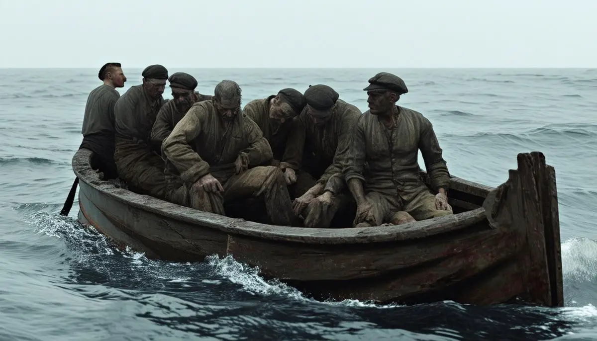 Verzweifelte und ausgemergelte Überlebende der Essex sitzen zusammengekauert in einem kleinen Rettungsboot auf dem offenen Meer