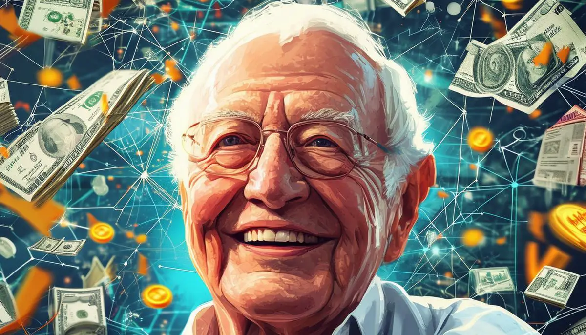 Warren Buffett, ein älterer weißer männlicher Milliardär und Investor, lächelnd und zufrieden aussehend, umgeben von abstrakten Darstellungen seines enormen Reichtums und Erfolgs