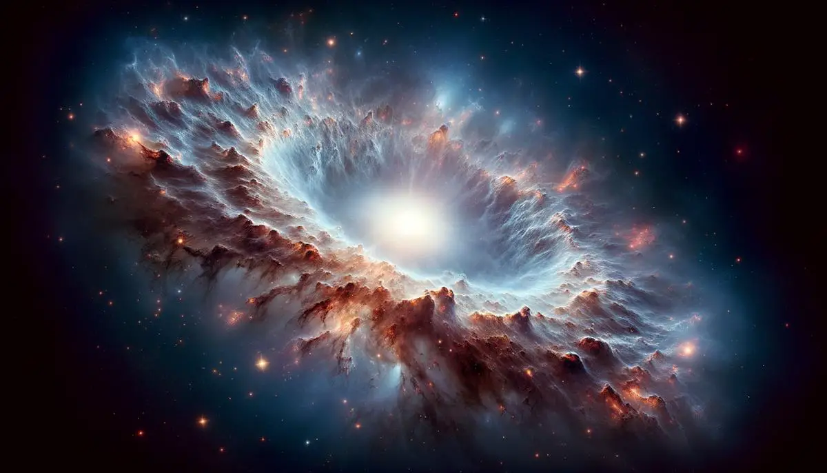 Eine enorme Wasserdampfwolke, die den Quasar APM 08279+5255 umgibt, dargestellt als diffuse, ausgedehnte Struktur um einen hellen, intensiven Lichtpunkt im Zentrum einer weit entfernten Galaxie.