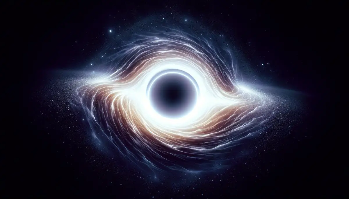 Eine künstlerische Darstellung eines Weißen Lochs, das als heller, leuchtender Punkt im dunklen Weltraum erscheint, umgeben von Materie und Licht, die aus dem Loch zu entweichen scheinen.