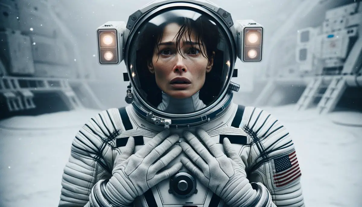 Eine Weltraumtouristin mit besorgtem Gesichtsausdruck in einem Raumanzug, die ihre Hände schützend über ihre Brust hält, als ob sie sich Sorgen um ihre Brustimplantate macht.